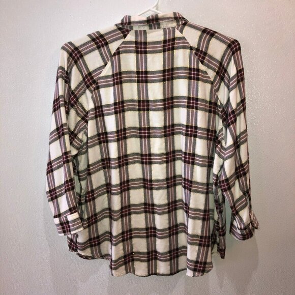 Terra & Sky Womens Plus Size 3X White Burgundy Plaid Long Sleeve Button Up Shirt - Picture 7 of 11